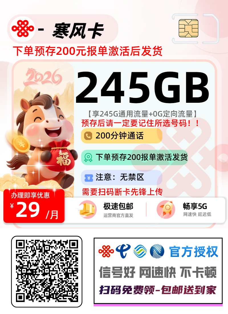 联通寒风卡【预存报单激活发货】丨29元245G通用+200分钟