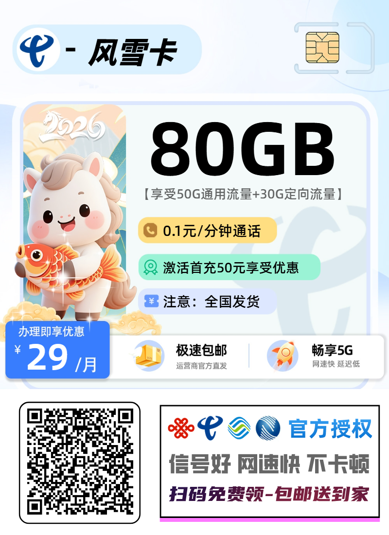 电信风雪卡【全国发货】丨29元50G通用+30G定向+0.1分钟