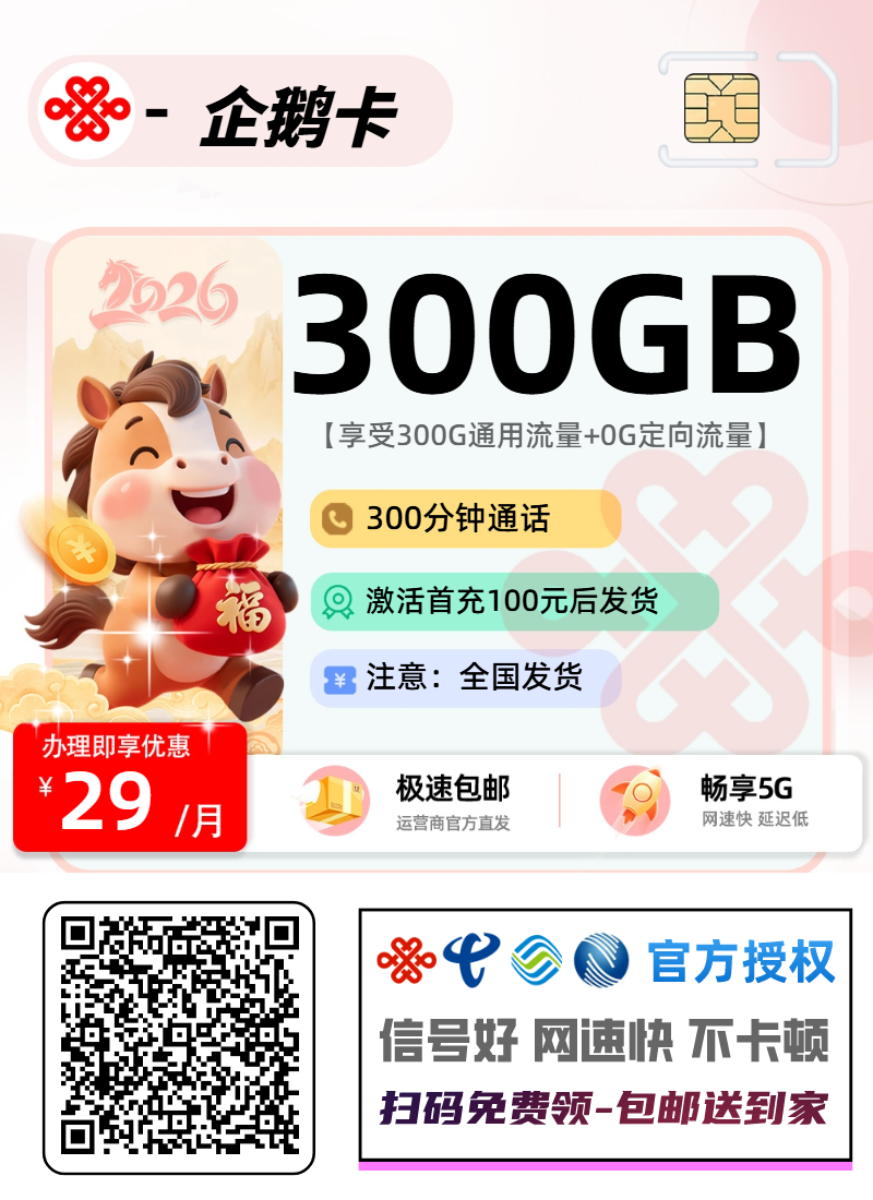 联通企鹅卡【激活首充后发货】丨29元300G通用+300分钟