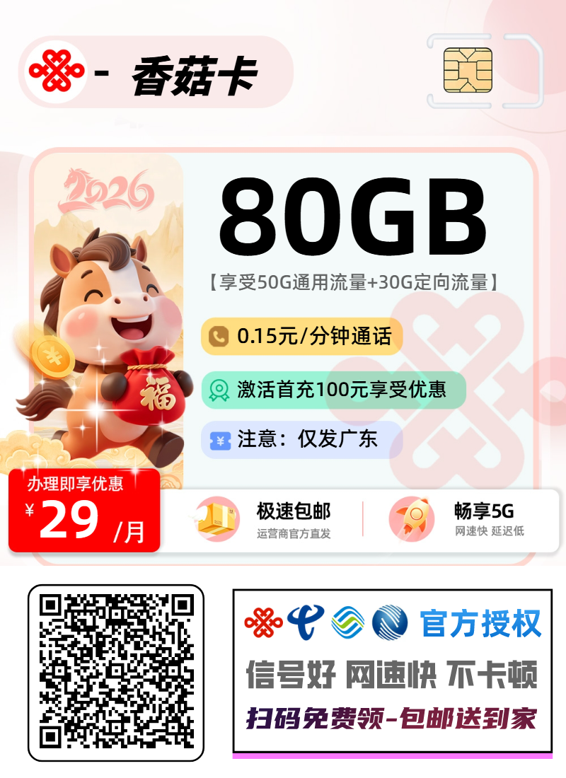 联通香菇卡【仅发广东】丨29元50G通用+30G定向+0.1分钟