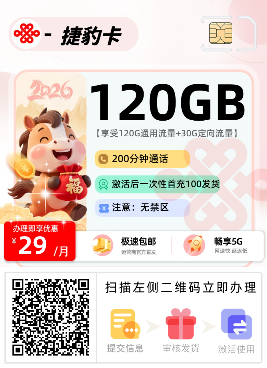 联通捷豹卡【激活首充发货】丨29元120G通用+200分钟-流量卡无限不限速全国通用