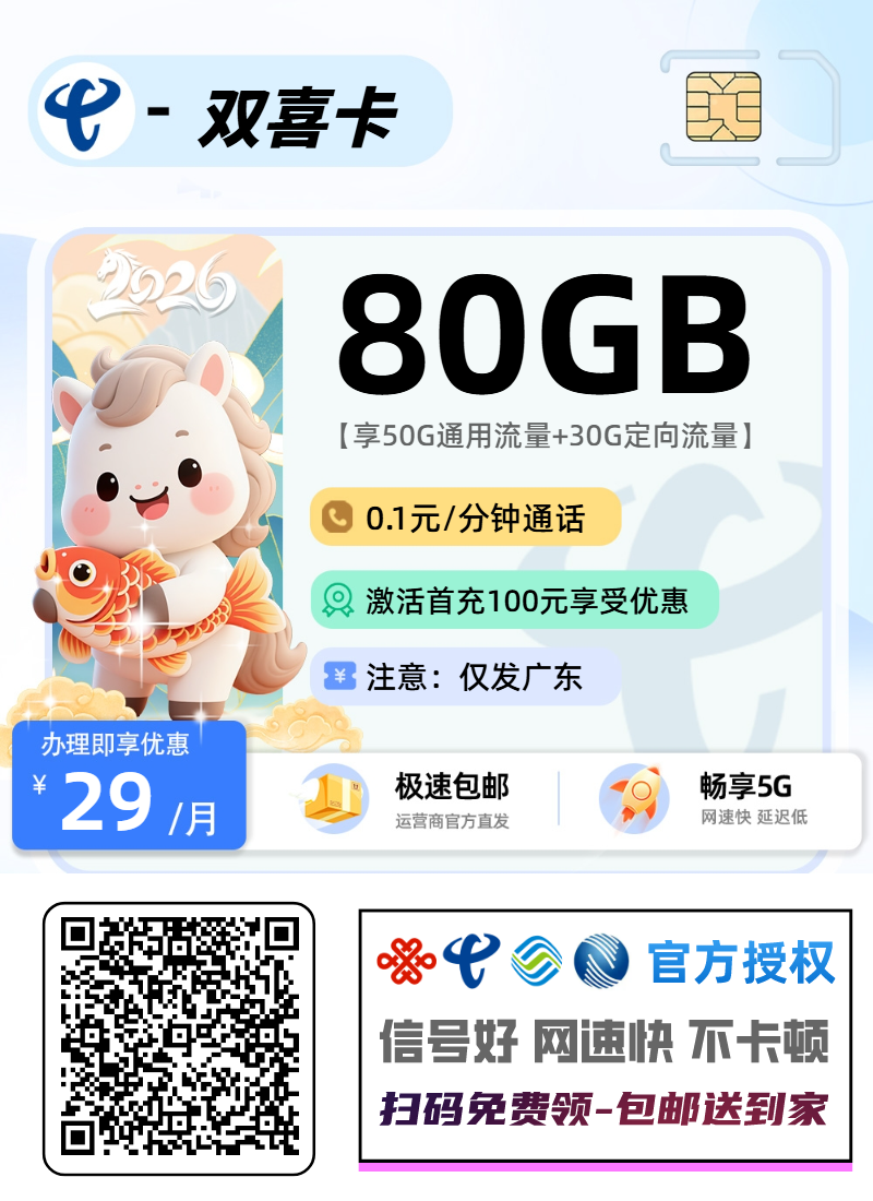 电信双喜卡【广东省内】丨29元50G通用+30G定向+0.1分钟