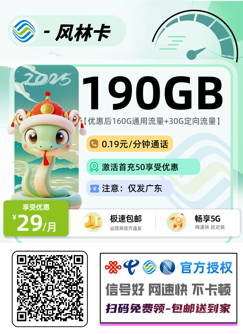 新移动风林卡【仅发广东】丨29元160G通用+30G定向+0.19元/分钟