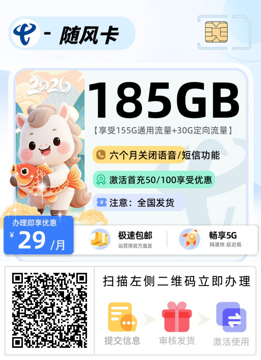 电信随风卡【全国发货】丨29元155G通用+30G定向+前6个月无语音无短信功能-流量卡无限不限速全国通用
